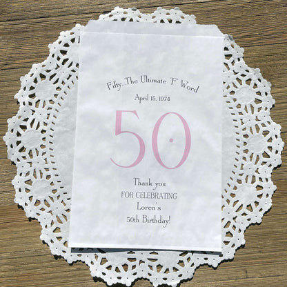 0th Birthday Favor Bags Personalized , guest of honor birth date and name thanking your guests for celebrating with you.  Large bags can hold sweet treats, popcorn, pretzels or use for napkin and utensils.  
