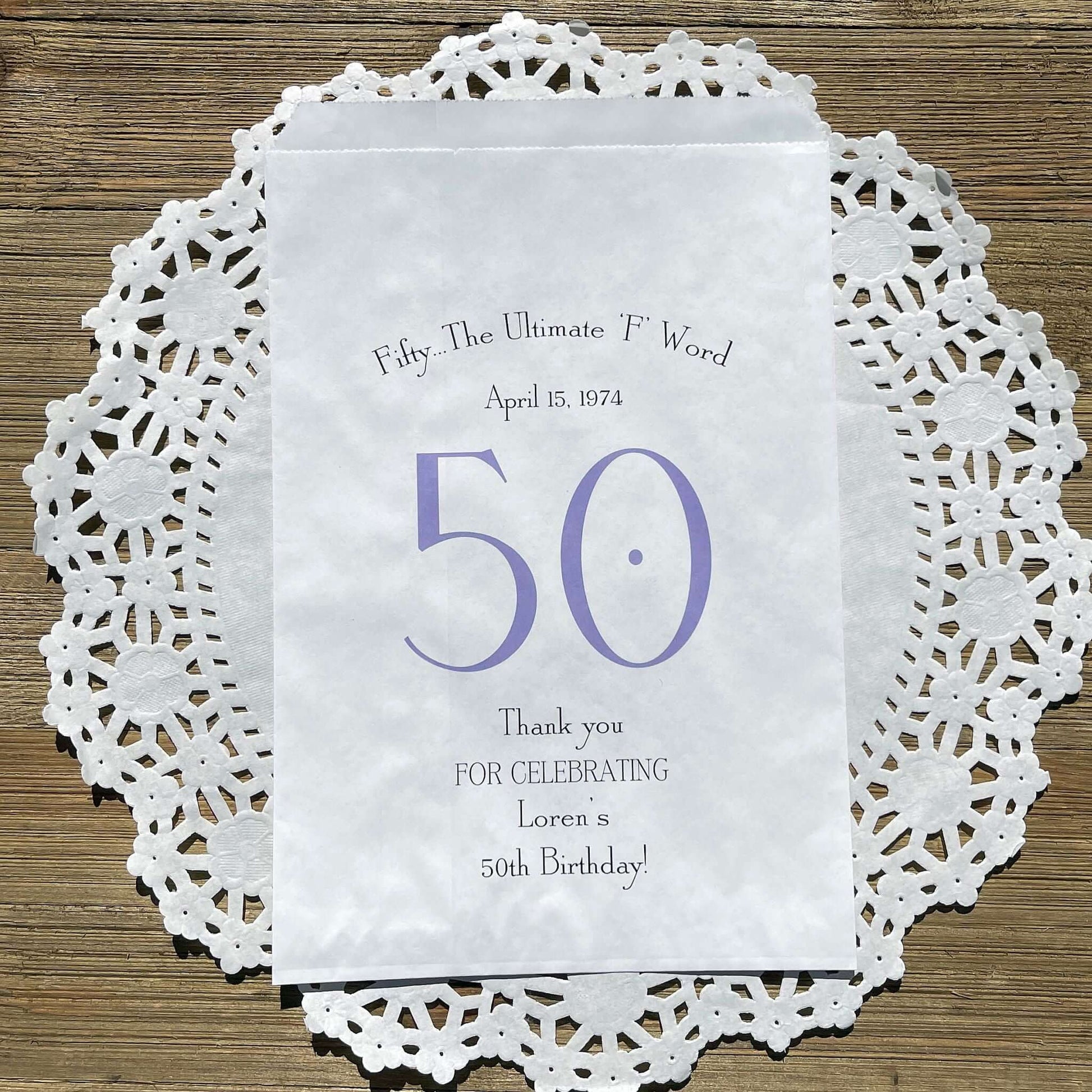 0th Birthday Favor Bags Personalized , guest of honor birth date and name thanking your guests for celebrating with you.  Large bags can hold sweet treats, popcorn, pretzels or use for napkin and utensils.  