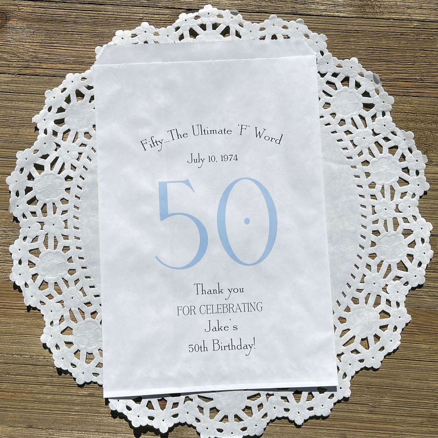 0th Birthday Favor Bags Personalized , guest of honor birth date and name thanking your guests for celebrating with you.  Large bags can hold sweet treats, popcorn, pretzels or use for napkin and utensils.  