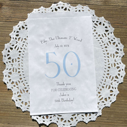 0th Birthday Favor Bags Personalized , guest of honor birth date and name thanking your guests for celebrating with you.  Large bags can hold sweet treats, popcorn, pretzels or use for napkin and utensils.  