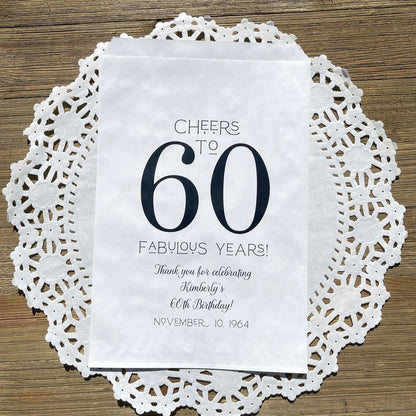 Personalized 60th Birthday Party Favor Bags, printed with 'cheers to 60 fabulous years!'  thanking your guests for attending.  Bags are large enough for cookie bags.