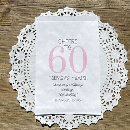 Personalized 60th Birthday Party Favor Bags, printed with 'cheers to 60 fabulous years!'  thanking your guests for attending.  Bags are large enough for cookie bags.