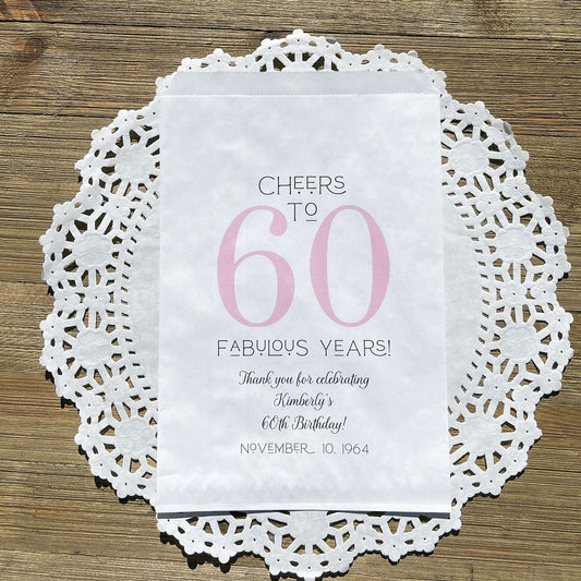 Personalized 60th Birthday Party Favor Bags, printed with 'cheers to 60 fabulous years!'  thanking your guests for attending.  Bags are large enough for cookie bags.