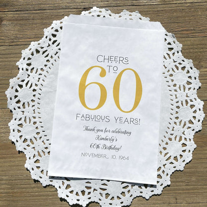 Personalized 60th Birthday Party Favor Bags, printed with 'cheers to 60 fabulous years!'  thanking your guests for attending.  Bags are large enough for cookie bags.
