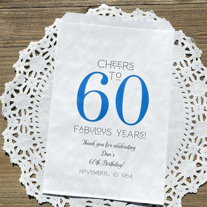 Personalized 60th Birthday Party Favor Bags, printed with 'cheers to 60 fabulous years!'  thanking your guests for attending.  Bags are large enough for cookie bags.