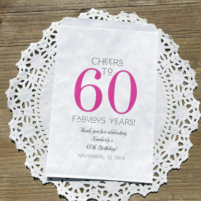 Personalized 60th Birthday Party Favor Bags, printed with 'cheers to 60 fabulous years!'  thanking your guests for attending.  Bags are large enough for cookie bags.