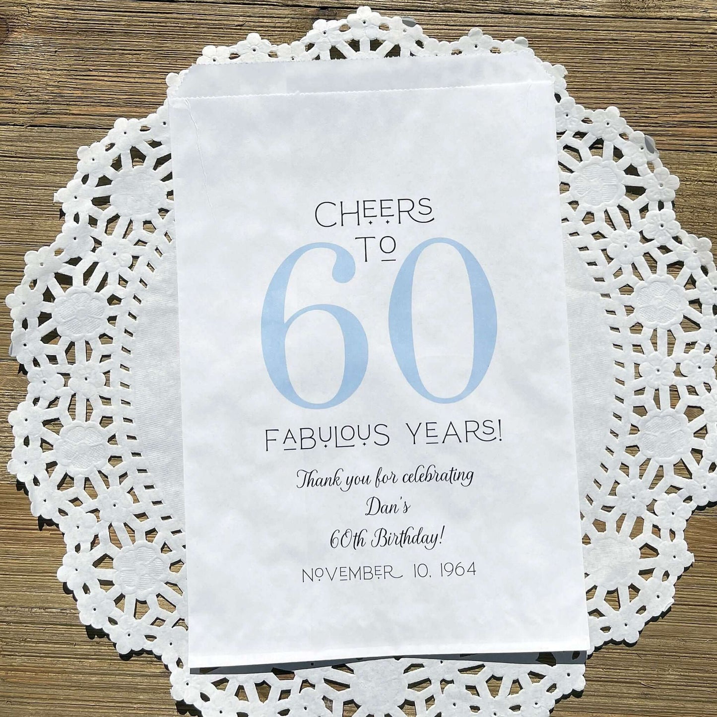 Personalized 60th Birthday Party Favor Bags, printed with 'cheers to 60 fabulous years!'  thanking your guests for attending.  Bags are large enough for cookie bags.