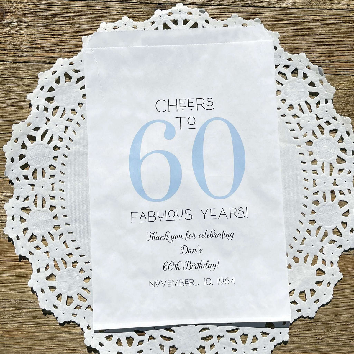 Personalized 60th Birthday Party Favor Bags, printed with 'cheers to 60 fabulous years!'  thanking your guests for attending.  Bags are large enough for cookie bags.