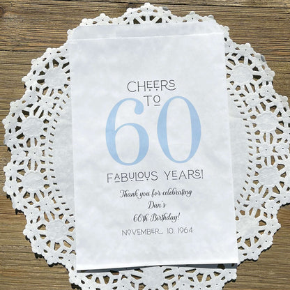 Personalized 60th Birthday Party Favor Bags, printed with 'cheers to 60 fabulous years!'  thanking your guests for attending.  Bags are large enough for cookie bags.