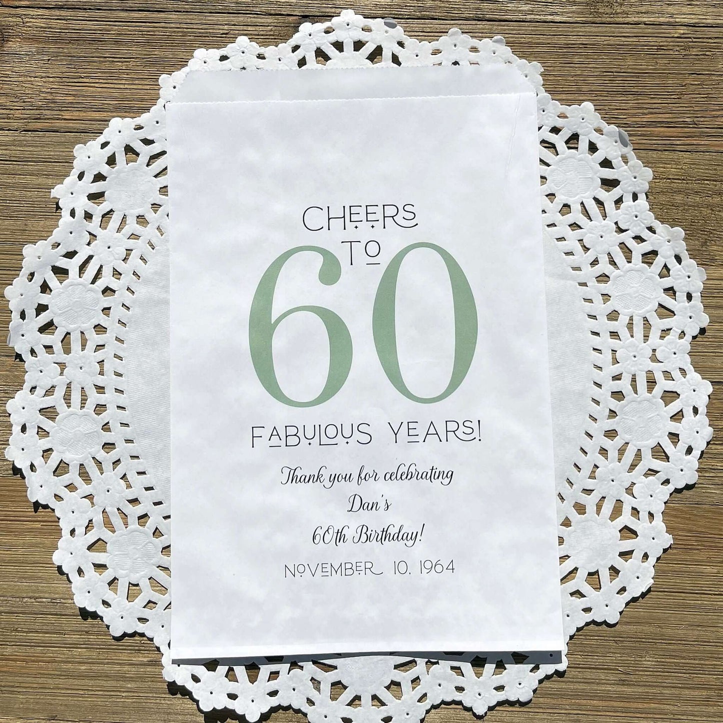 Personalized 60th Birthday Party Favor Bags, printed with 'cheers to 60 fabulous years!'  thanking your guests for attending.  Bags are large enough for cookie bags.