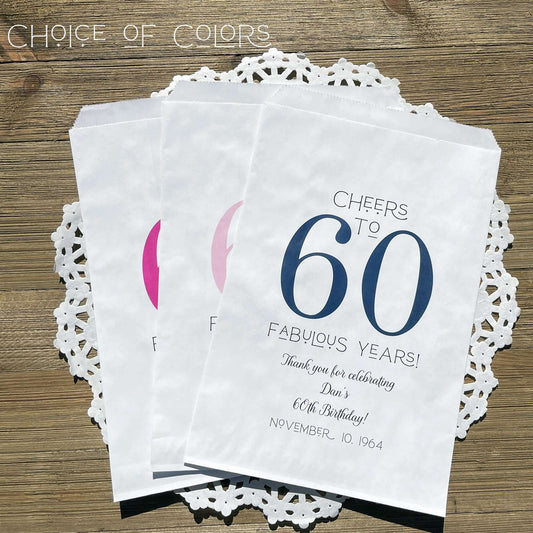 Personalized 60th Birthday Party Favor Bags, printed with 'cheers to 60 fabulous years!'  thanking your guests for attending.  Bags are large enough for cookie bags.