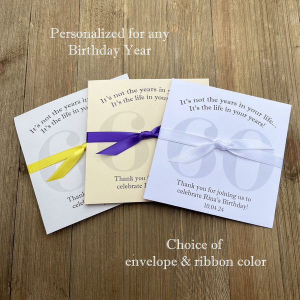 Large envelopes to slide a lotto ticket in for a fun party favor.  Personalized for the guest of honor with your choice of envelope and ribbon color to match your party theme.