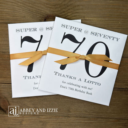 Throwing a 70th Birthday Party, give your guests a chance to win big with our 70th Birthday Party Scratch off Favor! These birthday favors are available in array of color combinations to perfectly compliment your party theme. Your choice of number and ribbon color.Lottery ticket holders measure 5" x 5", constructed of white card stock and come fully assembled including the ribbon. Lottery tickets are NOT included with your purchase of our 70th Birthday Party Scratch off Favors.