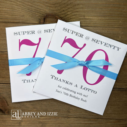 Throwing a 70th Birthday Party, give your guests a chance to win big with our 70th Birthday Party Scratch off Favor! These birthday favors are available in array of color combinations to perfectly compliment your party theme. Your choice of number and ribbon color.Lottery ticket holders measure 5" x 5", constructed of white card stock and come fully assembled including the ribbon. Lottery tickets are NOT included with your purchase of our 70th Birthday Party Scratch off Favors.