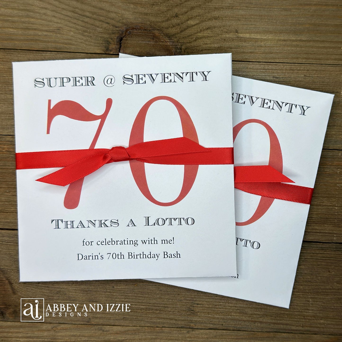 Throwing a 70th Birthday Party, give your guests a chance to win big with our 70th Birthday Party Scratch off Favor! These birthday favors are available in array of color combinations to perfectly compliment your party theme. Your choice of number and ribbon color.Lottery ticket holders measure 5" x 5", constructed of white card stock and come fully assembled including the ribbon. Lottery tickets are NOT included with your purchase of our 70th Birthday Party Scratch off Favors.