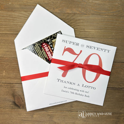 Throwing a 70th Birthday Party, give your guests a chance to win big with our 70th Birthday Party Scratch off Favor! These birthday favors are available in array of color combinations to perfectly compliment your party theme. Your choice of number and ribbon color.Lottery ticket holders measure 5" x 5", constructed of white card stock and come fully assembled including the ribbon. Lottery tickets are NOT included with your purchase of our 70th Birthday Party Scratch off Favors.