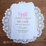 Babies are sweet enjoy a treat thank you for making my day complete. Adorned with a pink bow and personalized for the mother to be these bags are perfect for a candy bar or any sweet treat for your guests.