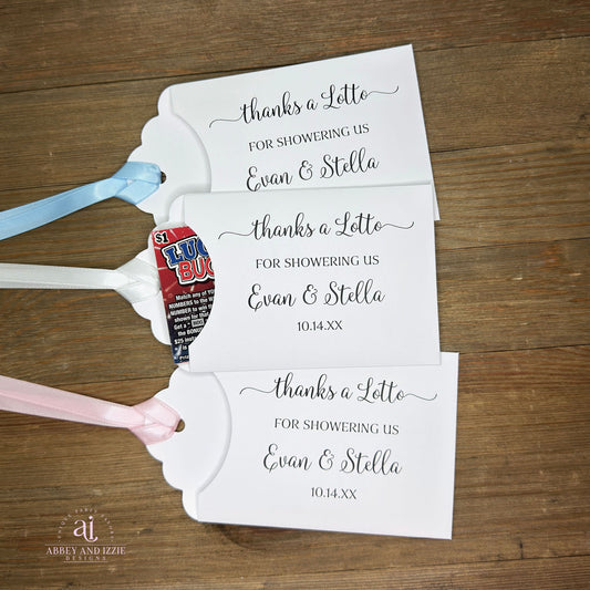Jack and Jill shower favors, slide a lotto ticket inside for a fun party favor.  These can be made for a Jack and Jill wedding shower or baby shower.  Made from white cardstock, ribbon included and comes attached, your choice of color.  