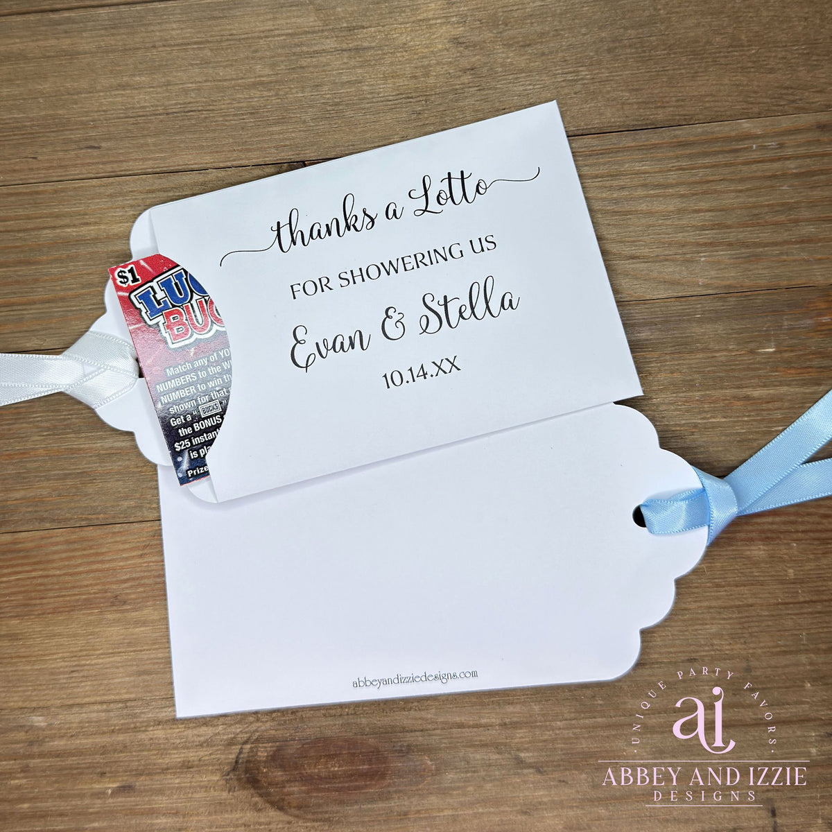 Jack and Jill shower favors, slide a lotto ticket inside for a fun party favor.  These can be made for a Jack and Jill wedding shower or baby shower.  Made from white cardstock, ribbon included and comes attached, your choice of color.  