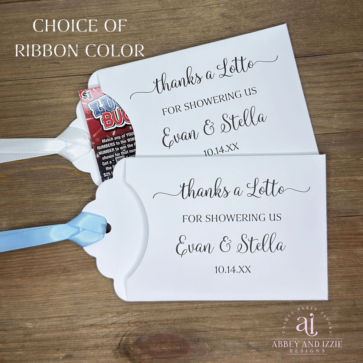 Jack and Jill shower favors, slide a lotto ticket inside for a fun party favor.  These can be made for a Jack and Jill wedding shower or baby shower.  Made from white cardstock, ribbon included and comes attached, your choice of color.  