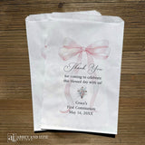 Girls First Communion Favor Bags Personalized, celebrate her spiritual milestone with refined elegance. These personalized favor bags bring understated sophistication to her first communion, featuring her name, date and a thank you to your guests.&nbsp; Perfect for presenting rosaries, prayer cards, or thoughtful tokens of appreciation. 