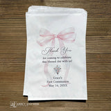 Girls First Communion Favor Bags Personalized, celebrate her spiritual milestone with refined elegance. These personalized favor bags bring understated sophistication to her first communion, featuring her name, date and a thank you to your guests.&nbsp; Perfect for presenting rosaries, prayer cards, or thoughtful tokens of appreciation. 