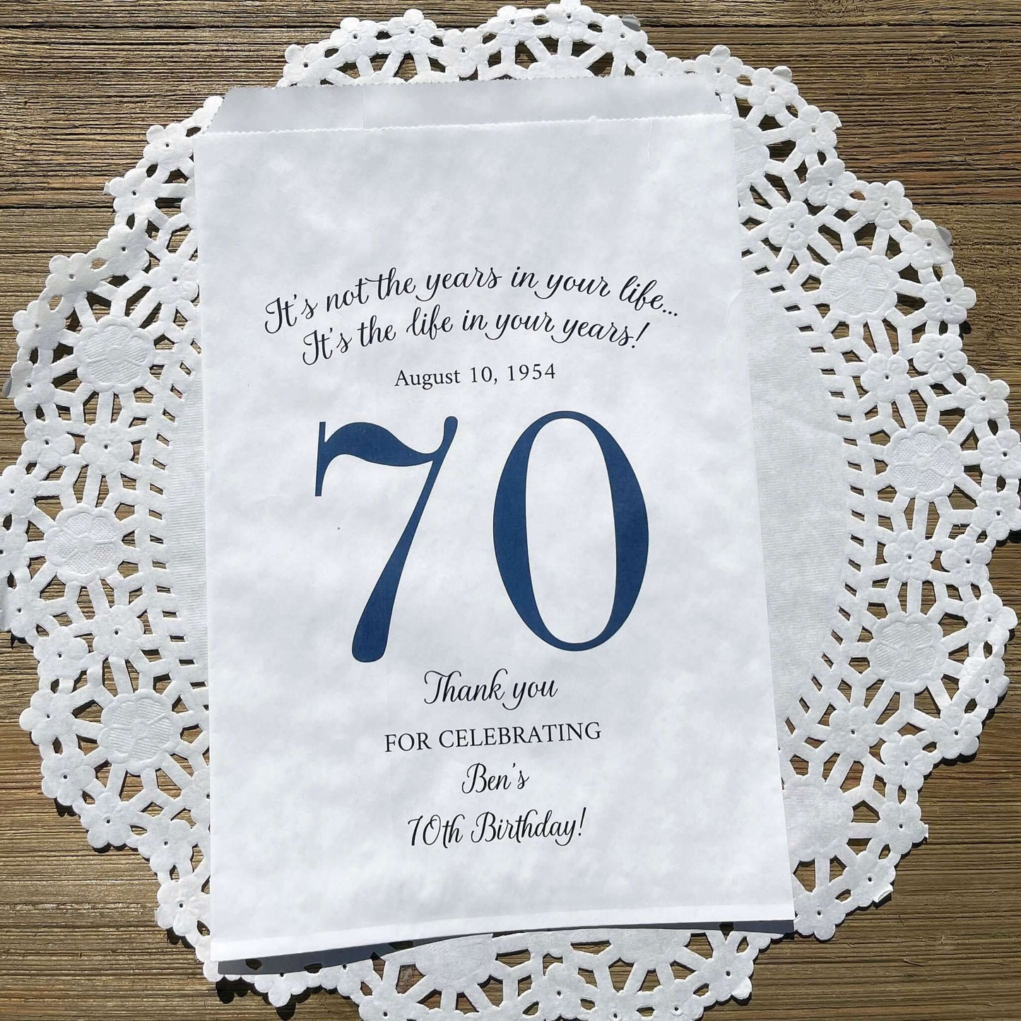 Personalized 70th Birthday Favor Bags, fill them with sweet treats for your guests.  White paper bags printed with a large # 70 and personalized for the guest of honor.  Larger favor bags to hold more treats.  Adult part favor bags that also great for holding a napkin and utensils.