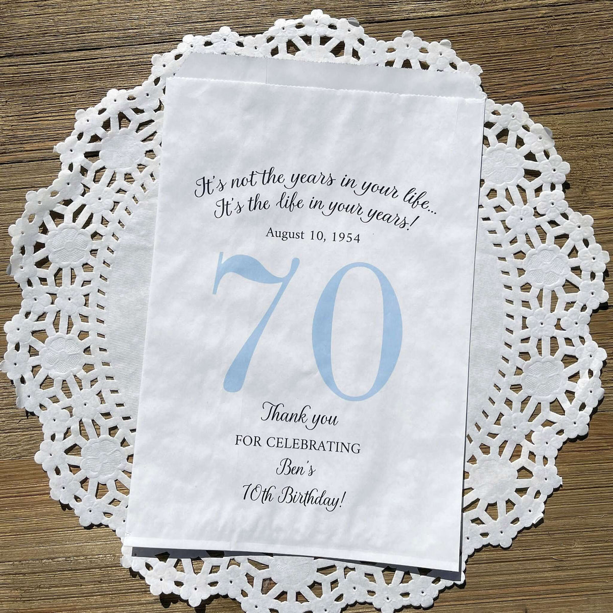 Personalized 70th Birthday Favor Bags, fill them with sweet treats for your guests.  White paper bags printed with a large # 70 and personalized for the guest of honor.  Larger favor bags to hold more treats.  Adult part favor bags that also great for holding a napkin and utensils.