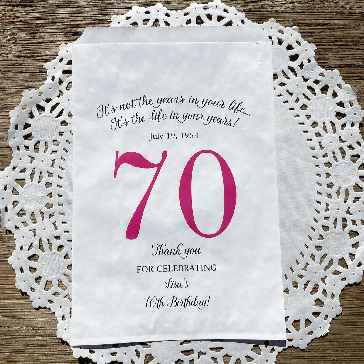 Personalized 70th Birthday Favor Bags, fill them with sweet treats for your guests.  White paper bags printed with a large # 70 and personalized for the guest of honor.  Larger favor bags to hold more treats.  Adult part favor bags that also great for holding a napkin and utensils.