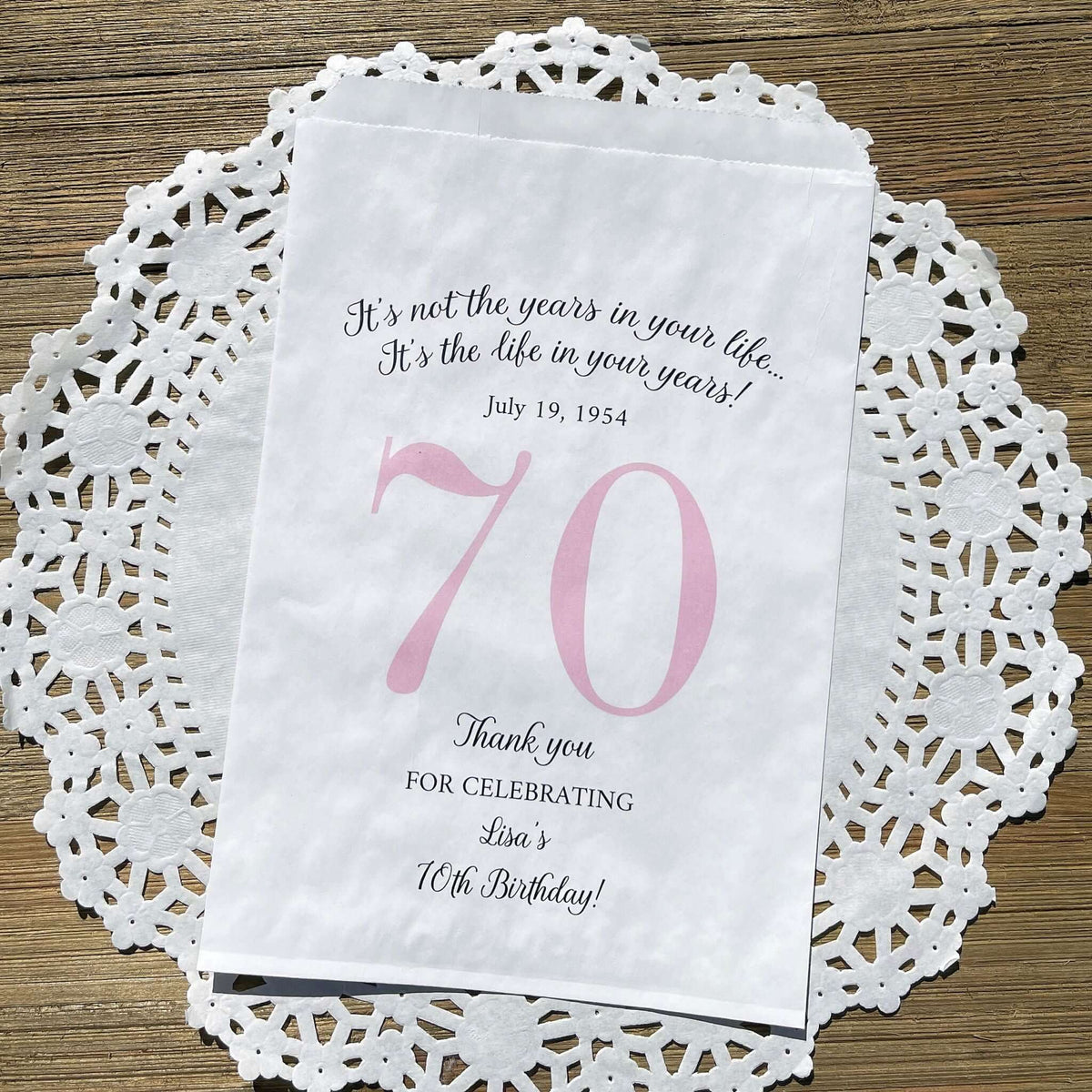 Personalized 70th Birthday Favor Bags, fill them with sweet treats for your guests.  White paper bags printed with a large # 70 and personalized for the guest of honor.  Larger favor bags to hold more treats.  Adult part favor bags that also great for holding a napkin and utensils.