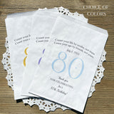Adult party bags, personalized for the guest of honor for an 80th birthday party.  Printed on white bags your choice of large number color.  Larger than most favor bags these are perfect for many sweet treats for your party guests.  A fun bag for an 80th birthday celebration.