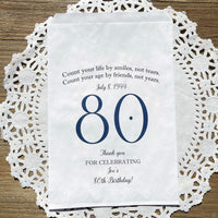 Adult party bags, personalized for the guest of honor for an 80th birthday party.  Printed on white bags your choice of large number color.  Larger than most favor bags these are perfect for many sweet treats for your party guests.  A fun bag for an 80th birthday celebration.
