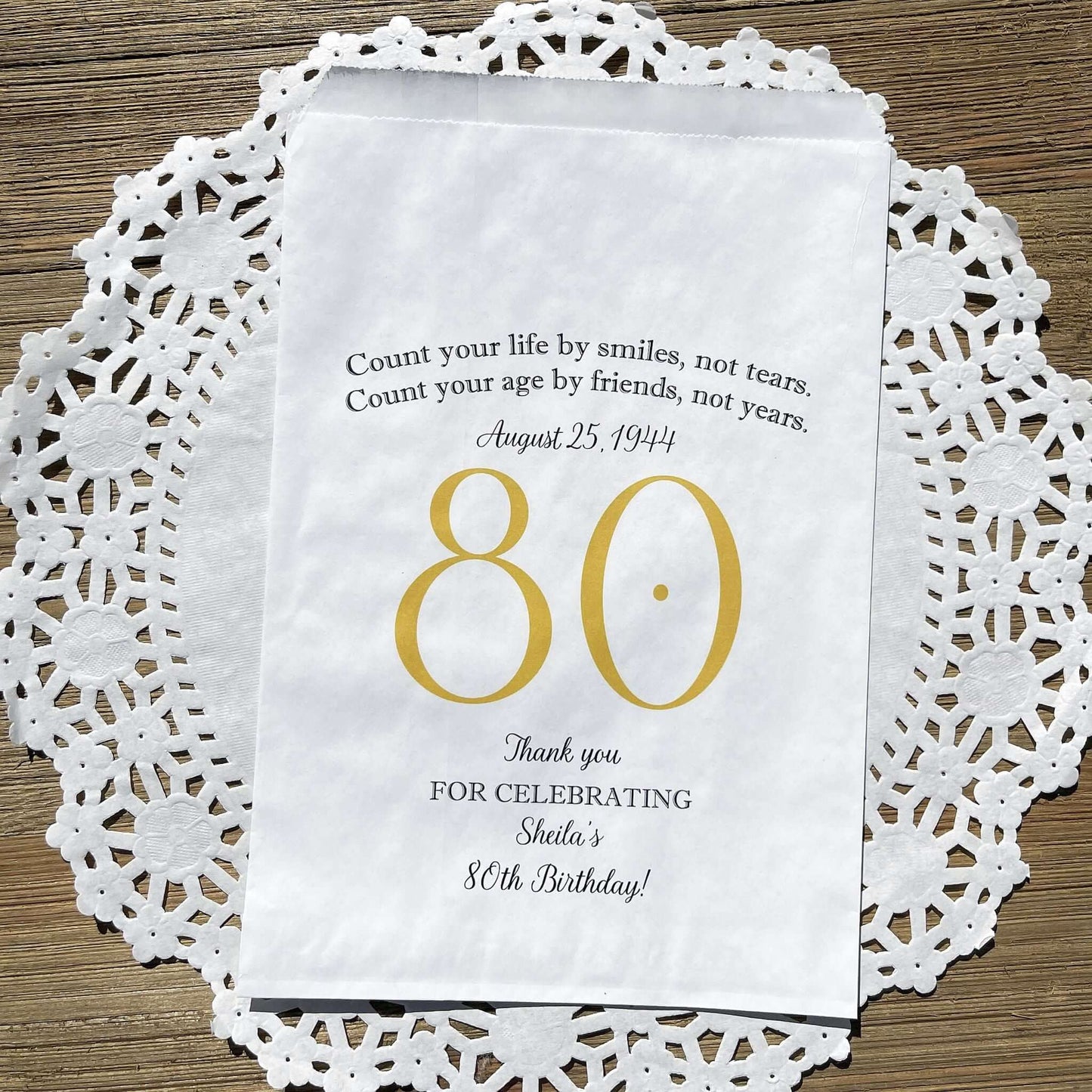 These 80th Birthday Favor Bags, personalized for the guest of honor for an 80th birthday party.  Printed on white bags your choice of large number color.  Larger than most favor bags these are perfect for many sweet treats for your party guests.  A fun bag for an 80th birthday celebration.
