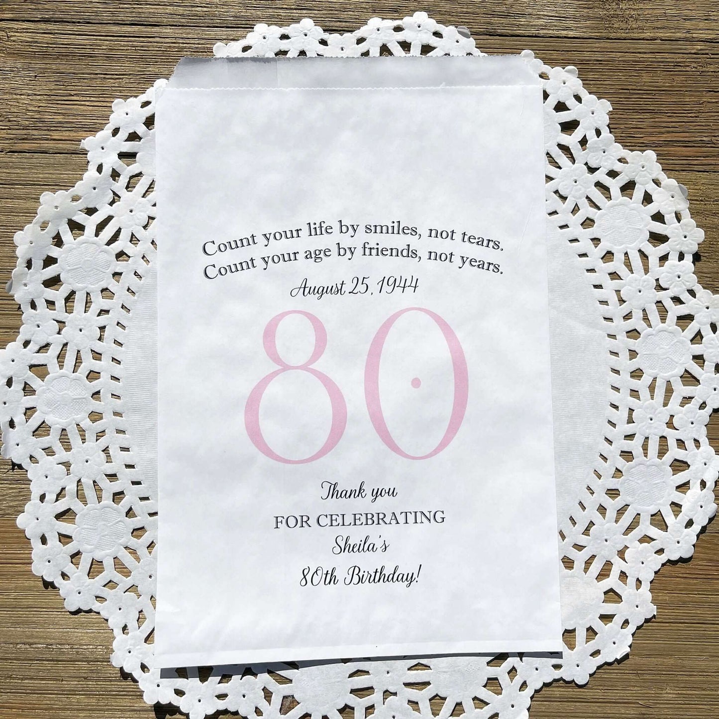 These 80th Birthday Favor Bags, personalized for the guest of honor for an 80th birthday party.  Printed on white bags your choice of large number color.  Larger than most favor bags these are perfect for many sweet treats for your party guests.  A fun bag for an 80th birthday celebration.