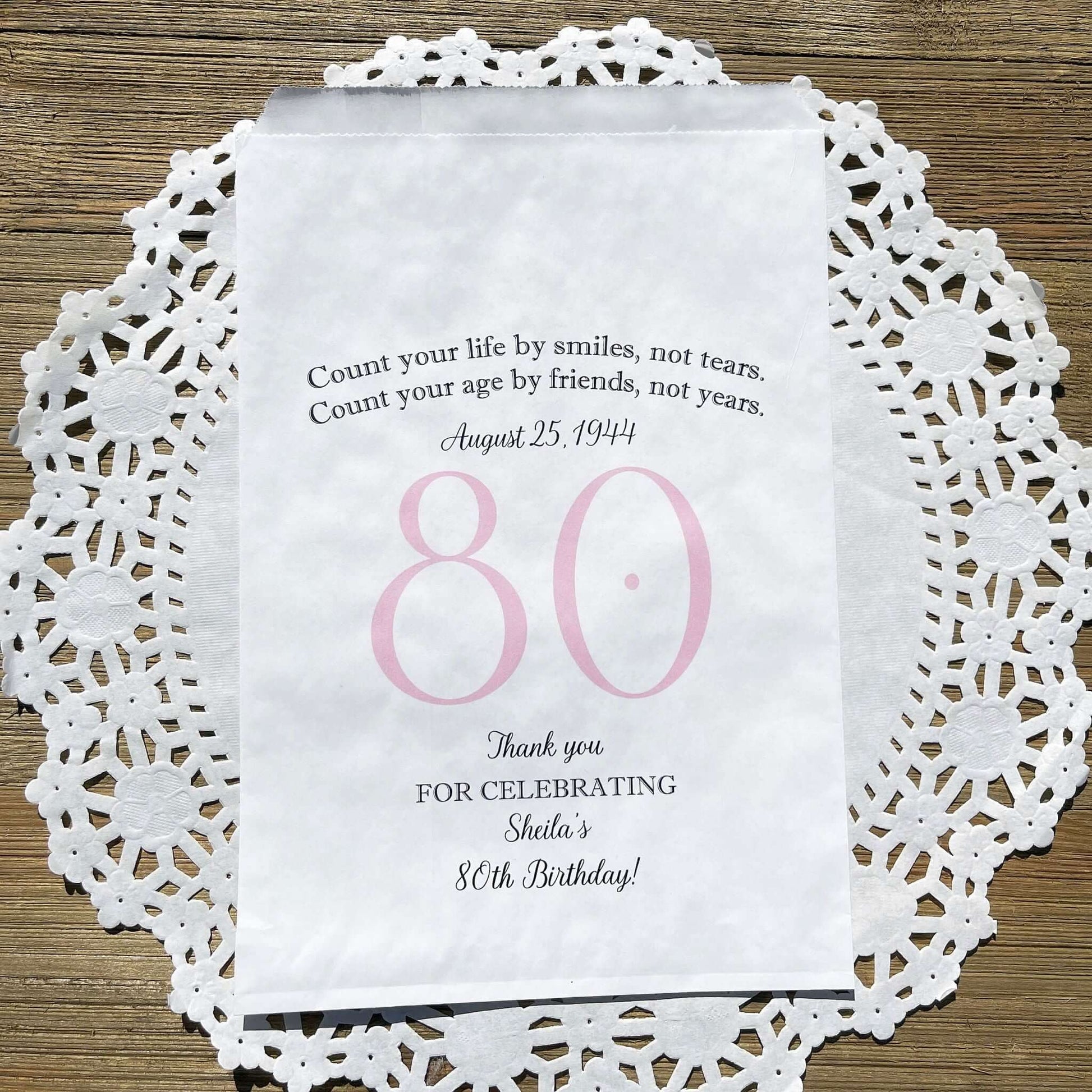 These 80th Birthday Favor Bags, personalized for the guest of honor for an 80th birthday party.  Printed on white bags your choice of large number color.  Larger than most favor bags these are perfect for many sweet treats for your party guests.  A fun bag for an 80th birthday celebration.