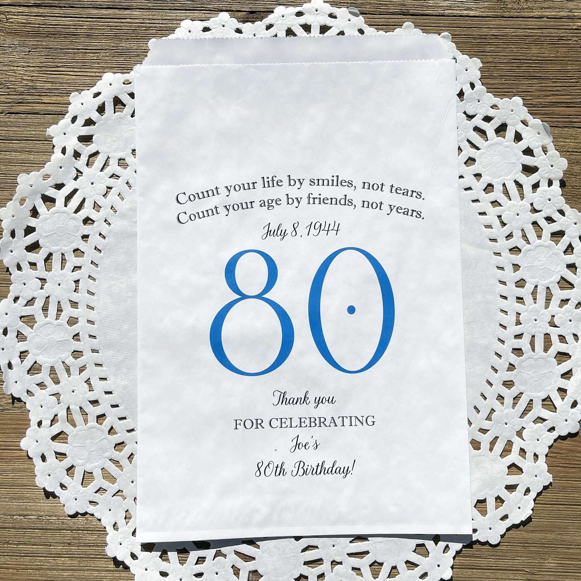 These 80th Birthday Favor Bags, personalized for the guest of honor for an 80th birthday party.  Printed on white bags your choice of large number color.  Larger than most favor bags these are perfect for many sweet treats for your party guests.  A fun bag for an 80th birthday celebration.