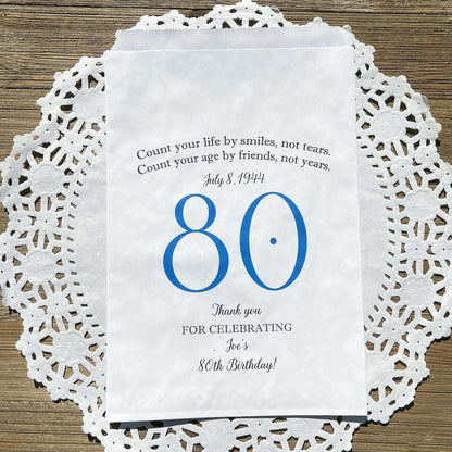 These 80th Birthday Favor Bags, personalized for the guest of honor for an 80th birthday party.  Printed on white bags your choice of large number color.  Larger than most favor bags these are perfect for many sweet treats for your party guests.  A fun bag for an 80th birthday celebration.