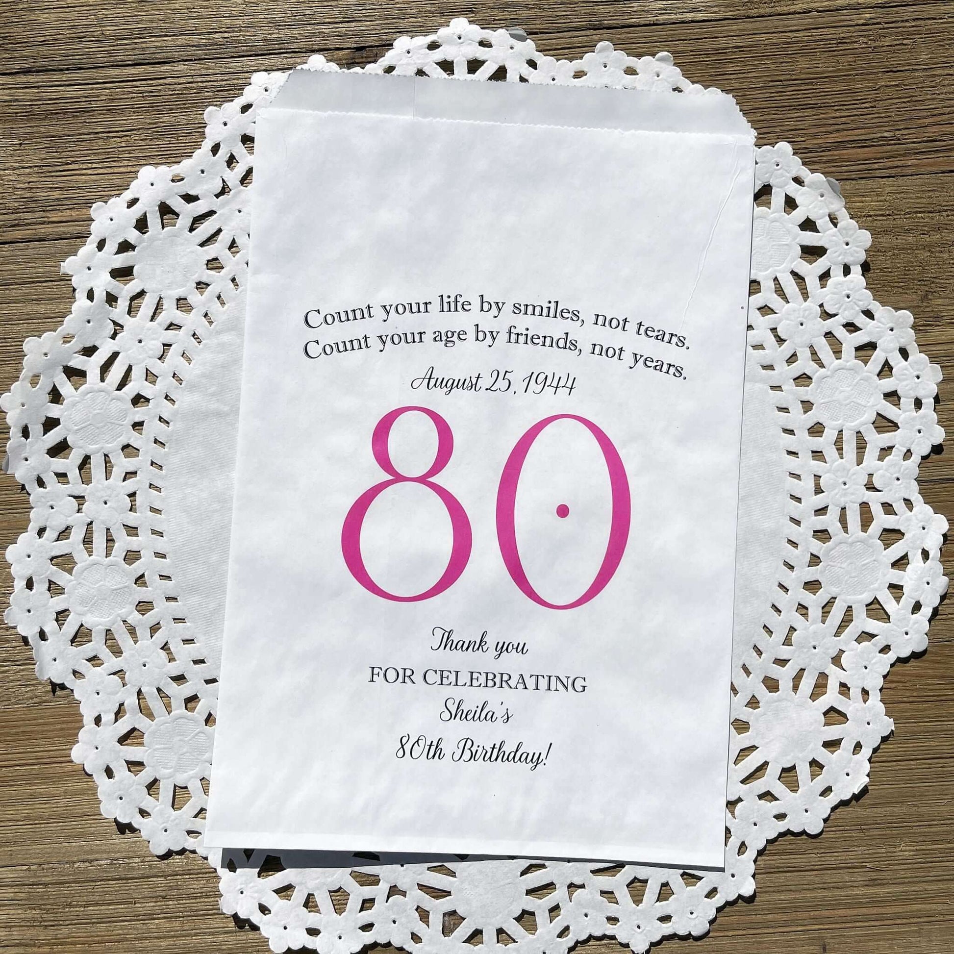 These 80th Birthday Favor Bags, personalized for the guest of honor for an 80th birthday party.  Printed on white bags your choice of large number color.  Larger than most favor bags these are perfect for many sweet treats for your party guests.  A fun bag for an 80th birthday celebration.