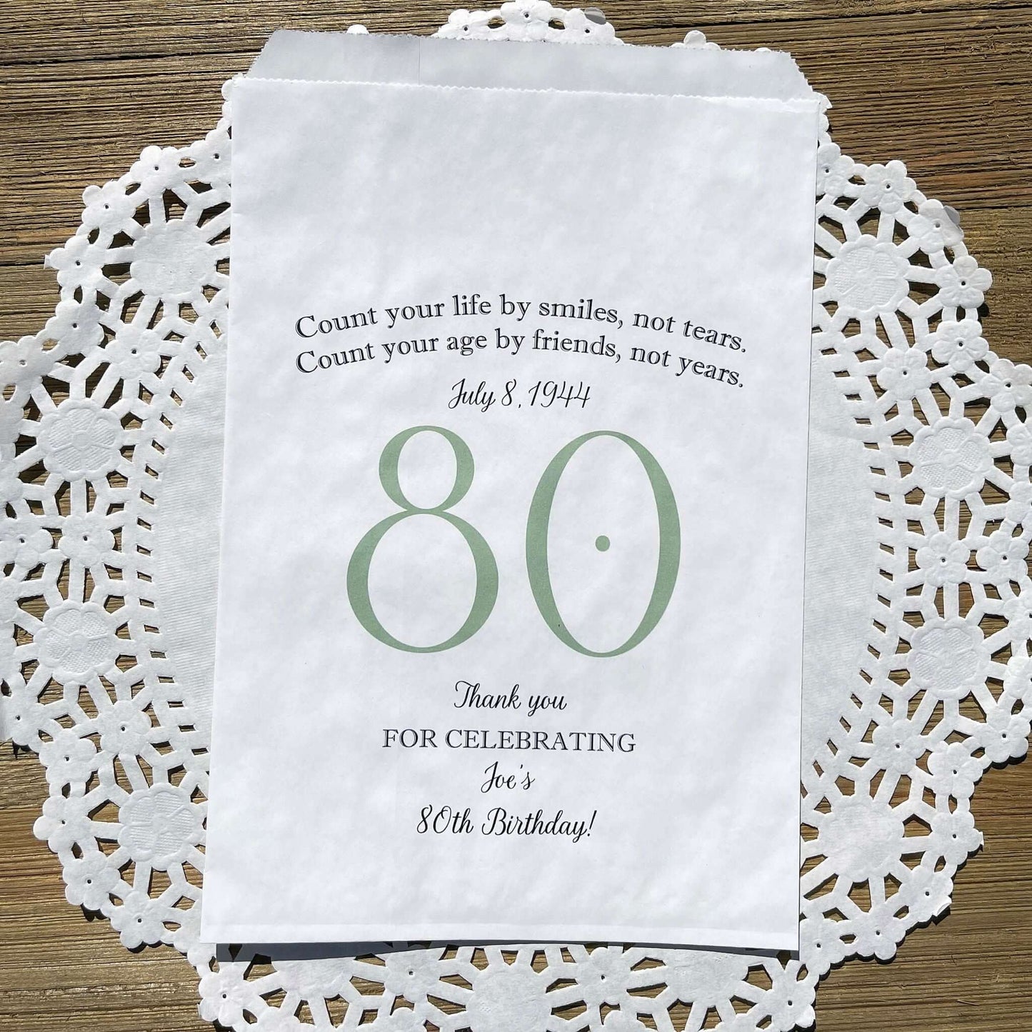 These 80th Birthday Favor Bags, personalized for the guest of honor for an 80th birthday party.  Printed on white bags your choice of large number color.  Larger than most favor bags these are perfect for many sweet treats for your party guests.  A fun bag for an 80th birthday celebration.