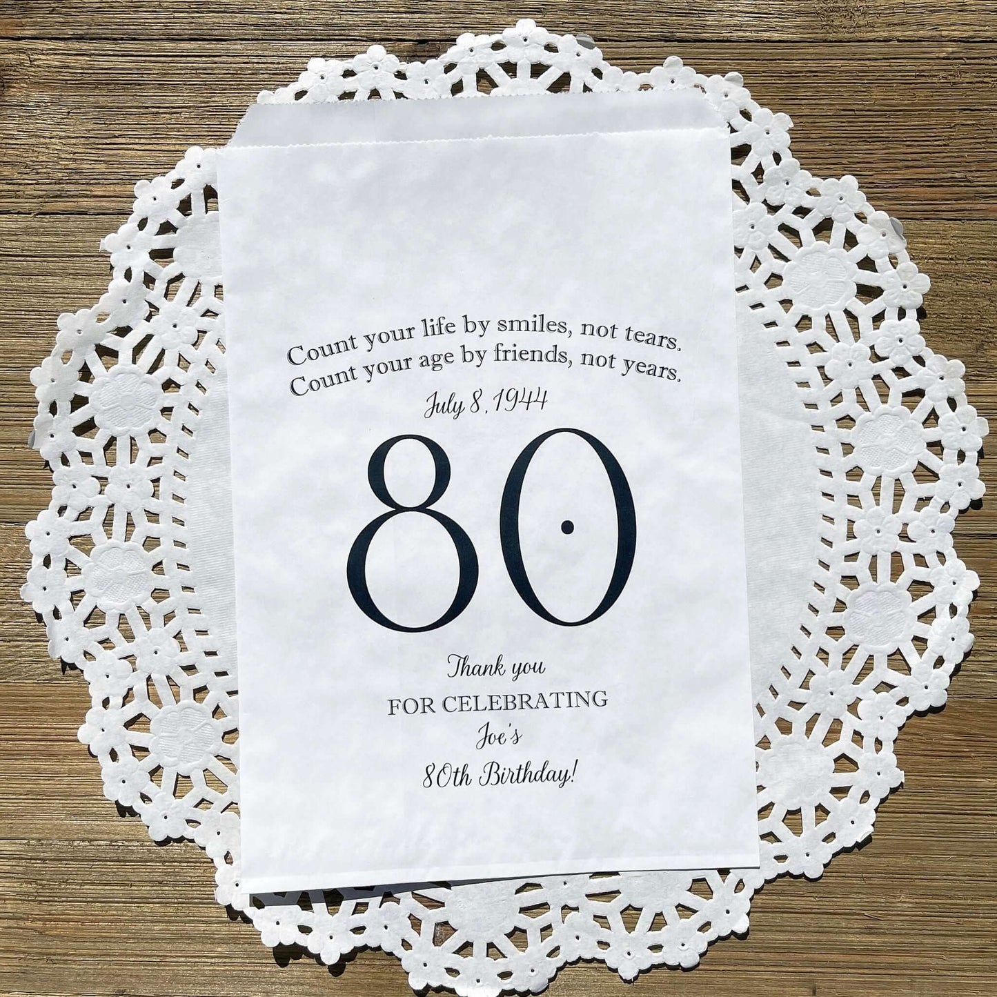 These 80th Birthday Favor Bags, personalized for the guest of honor for an 80th birthday party.  Printed on white bags your choice of large number color.  Larger than most favor bags these are perfect for many sweet treats for your party guests.  A fun bag for an 80th birthday celebration.