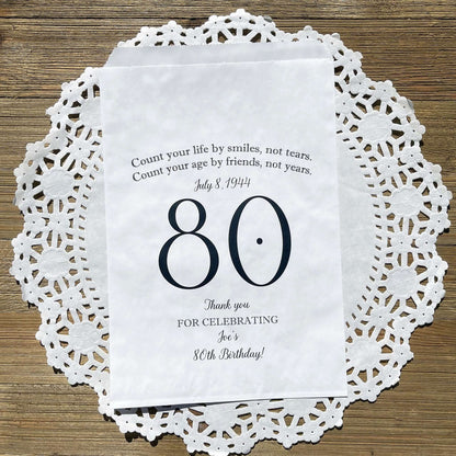 These 80th Birthday Favor Bags, personalized for the guest of honor for an 80th birthday party.  Printed on white bags your choice of large number color.  Larger than most favor bags these are perfect for many sweet treats for your party guests.  A fun bag for an 80th birthday celebration.