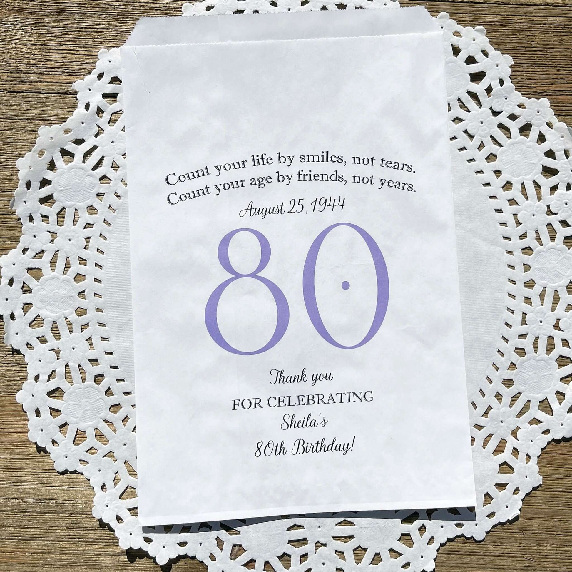 These 80th Birthday Favor Bags, personalized for the guest of honor for an 80th birthday party.  Printed on white bags your choice of large number color.  Larger than most favor bags these are perfect for many sweet treats for your party guests.  A fun bag for an 80th birthday celebration.