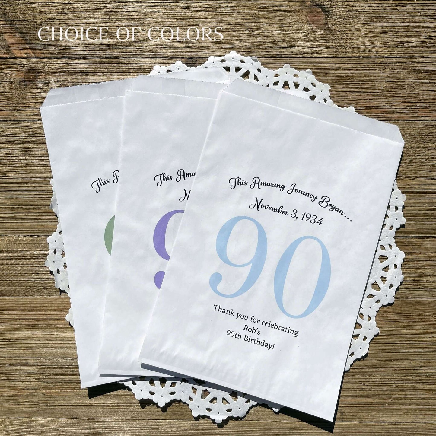 Personalized 90th Birthday Favor Bags for the guest of honor with a large 90 printed, birth date and a thank you to your guests.  Adult favor bags are larger than most and can be filled with many different treats.  Favor bags are white with large 90 printed in 9 colors to choose from.