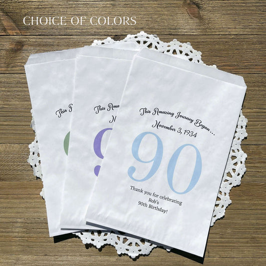 Personalized 90th Birthday Favor Bags for the guest of honor with a large 90 printed, birth date and a thank you to your guests.  Adult favor bags are larger than most and can be filled with many different treats.  Favor bags are white with large 90 printed in 9 colors to choose from.