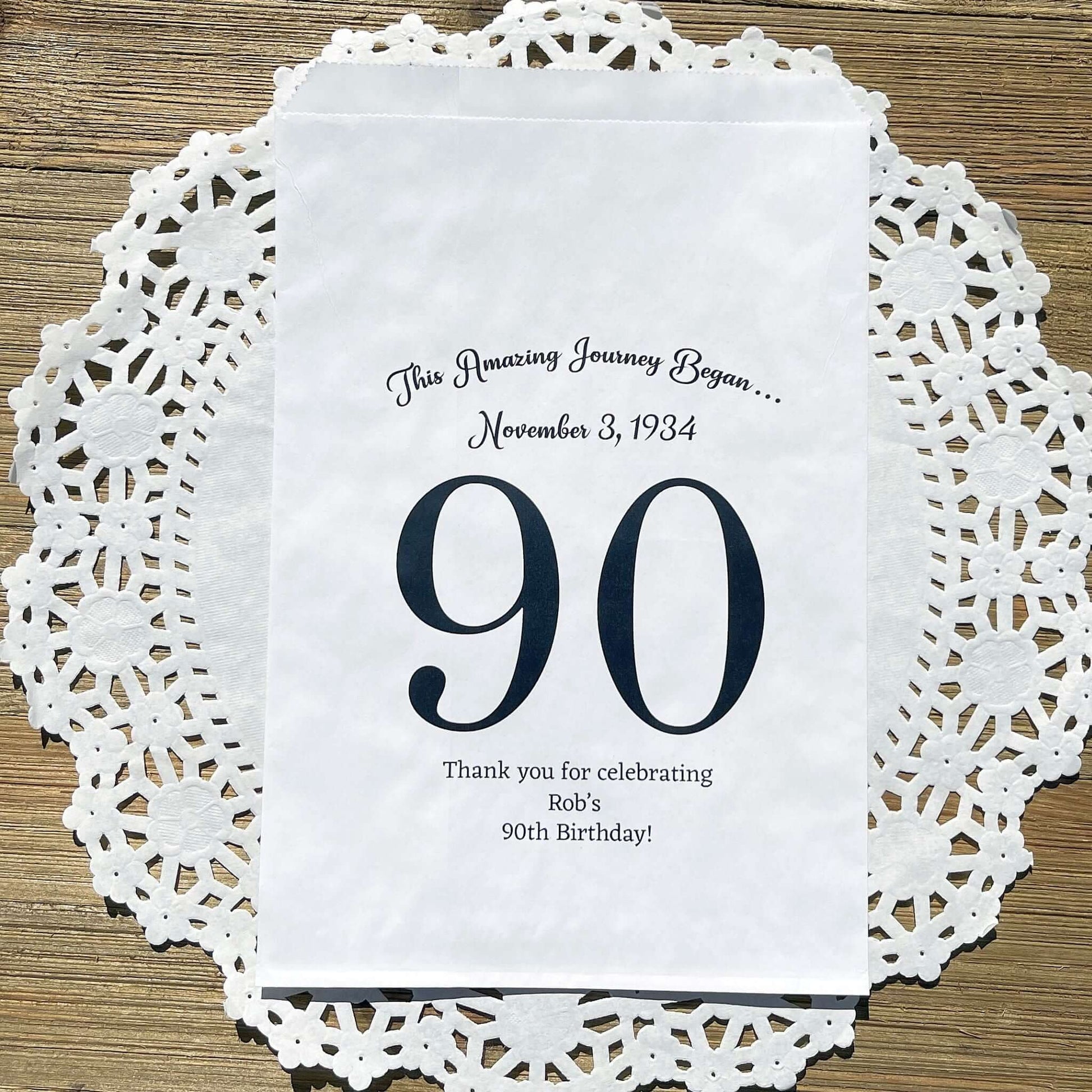 Personalized 90th Birthday Favor Bags for the guest of honor with a large 90 printed, birth date and a thank you to your guests.  Adult favor bags are larger than most and can be filled with many different treats.  Favor bags are white with large 90 printed in 9 colors to choose from.