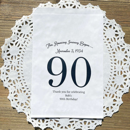 Personalized 90th Birthday Favor Bags for the guest of honor with a large 90 printed, birth date and a thank you to your guests.  Adult favor bags are larger than most and can be filled with many different treats.  Favor bags are white with large 90 printed in 9 colors to choose from.
