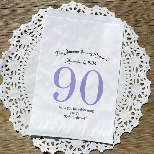 Personalized 90th Birthday Favor Bags for the guest of honor with a large 90 printed, birth date and a thank you to your guests.  Adult favor bags are larger than most and can be filled with many different treats.  Favor bags are white with large 90 printed in 9 colors to choose from.