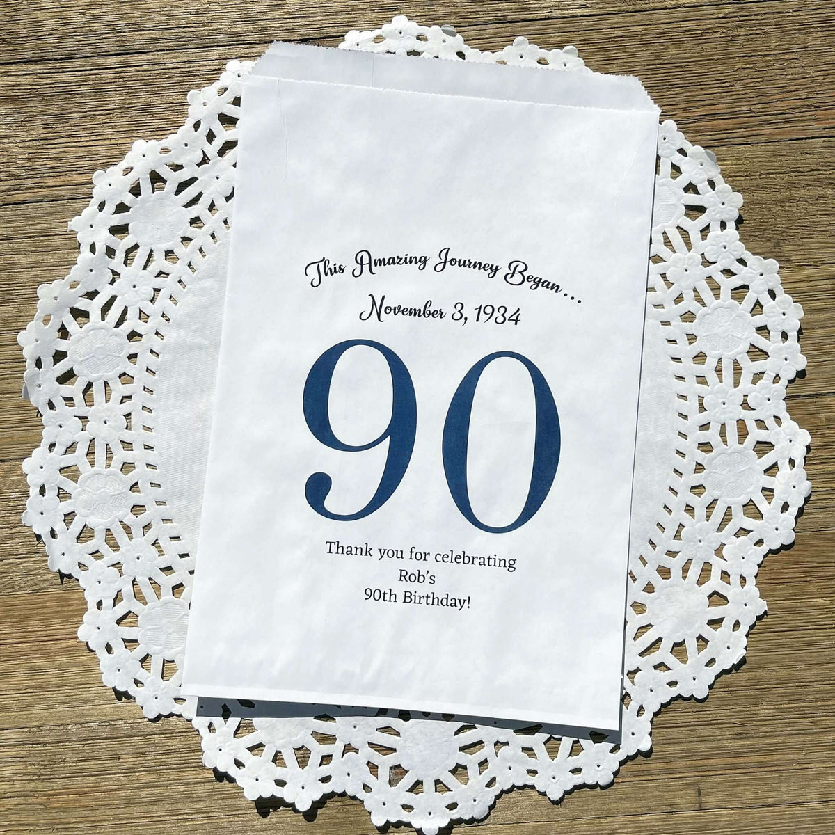 Personalized 90th Birthday Favor Bags for the guest of honor with a large 90 printed, birth date and a thank you to your guests.  Adult favor bags are larger than most and can be filled with many different treats.  Favor bags are white with large 90 printed in 9 colors to choose from.
