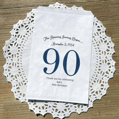 Personalized 90th Birthday Favor Bags for the guest of honor with a large 90 printed, birth date and a thank you to your guests.  Adult favor bags are larger than most and can be filled with many different treats.  Favor bags are white with large 90 printed in 9 colors to choose from.