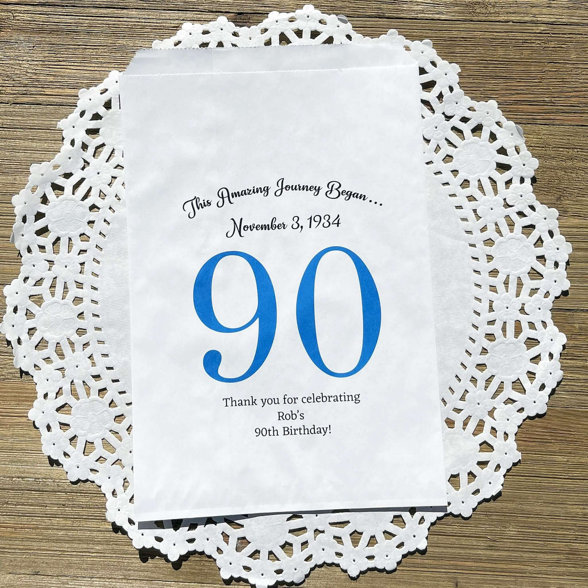 Personalized 90th Birthday Favor Bags for the guest of honor with a large 90 printed, birth date and a thank you to your guests.  Adult favor bags are larger than most and can be filled with many different treats.  Favor bags are white with large 90 printed in 9 colors to choose from.